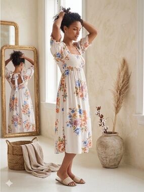 Anthropologie Women's White Floral Smocked Midi Dress Puff Sleeve Medium NWT